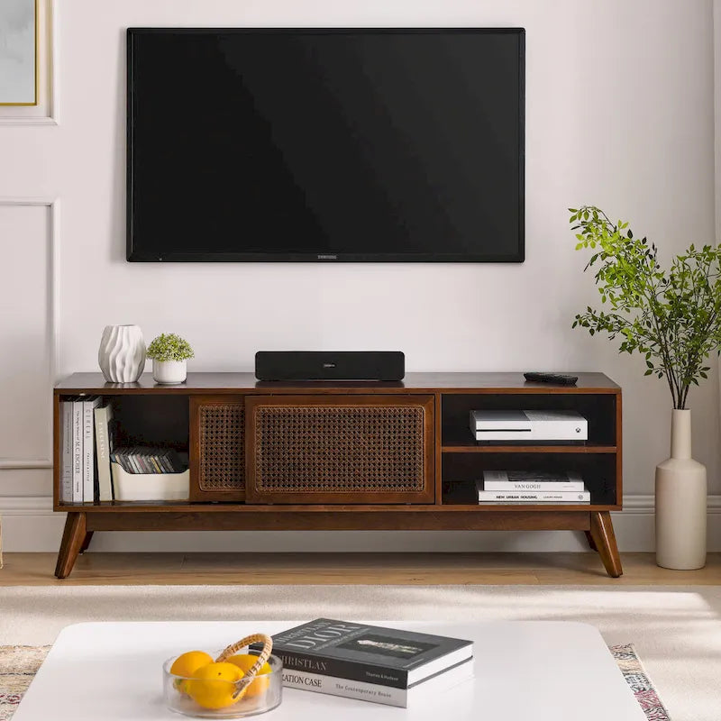 Walnut 59 TV Stand with Open Shelves & Rattan Doors for 65 TVs