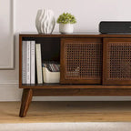 Walnut 59 TV Stand with Open Shelves & Rattan Doors for 65 TVs