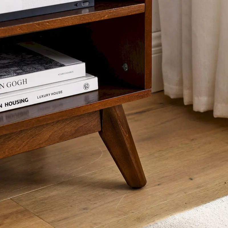 Walnut 59 TV Stand with Open Shelves & Rattan Doors for 65 TVs