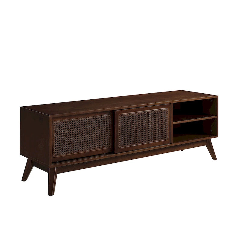 Walnut 59 TV Stand with Open Shelves & Rattan Doors for 65 TVs