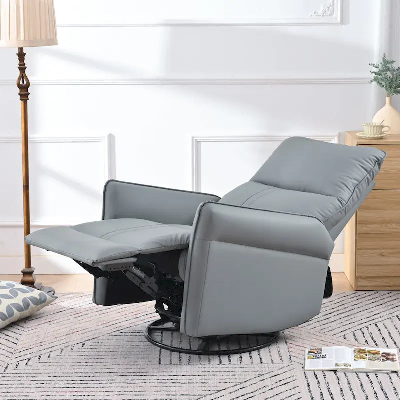 Blue-Gray PU Leather Swivel Glider Rocker Recliner with Pockets, Backrest