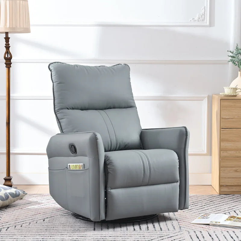 Blue-Gray PU Leather Swivel Glider Rocker Recliner with Pockets, Backrest