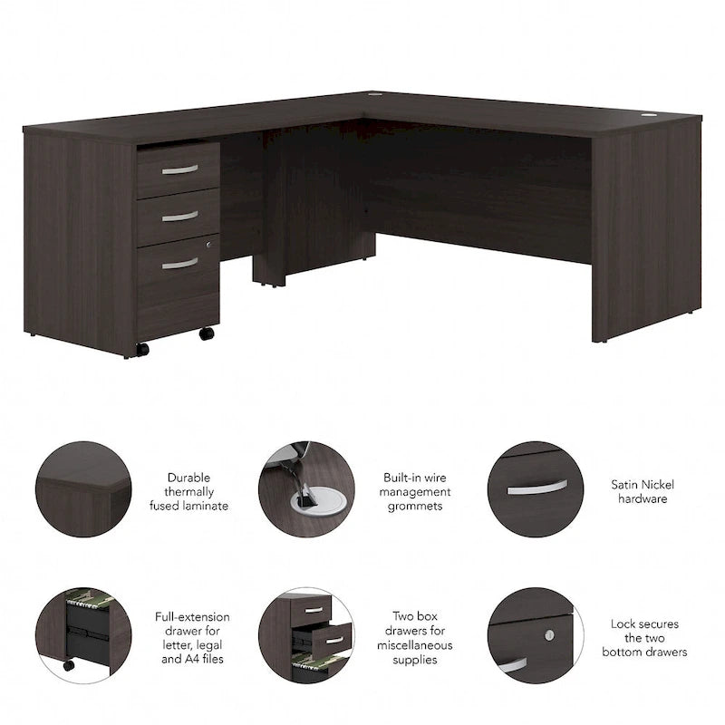 66W L-Shaped Desk with Return and Mobile File Cabinet - Storm Gray/White