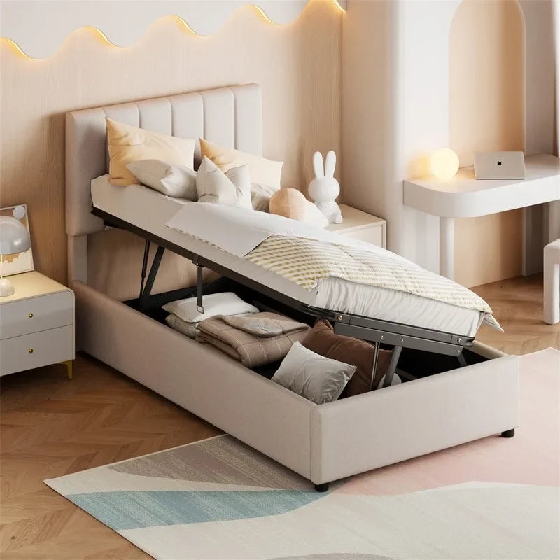 Twin Size Lift Up Storage Bed with Headboard and Underneath Storage, Upholstered Platform Bed with Hydraulic Storage System