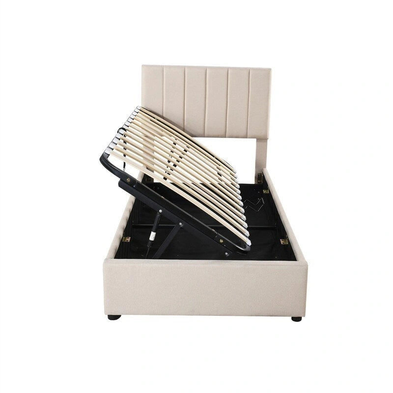 Twin Size Lift Up Storage Bed with Headboard and Underneath Storage, Upholstered Platform Bed with Hydraulic Storage System