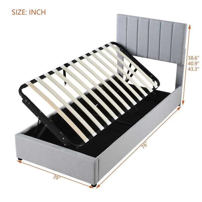 Twin Size Lift Up Storage Bed with Headboard and Underneath Storage, Upholstered Platform Bed with Hydraulic Storage System
