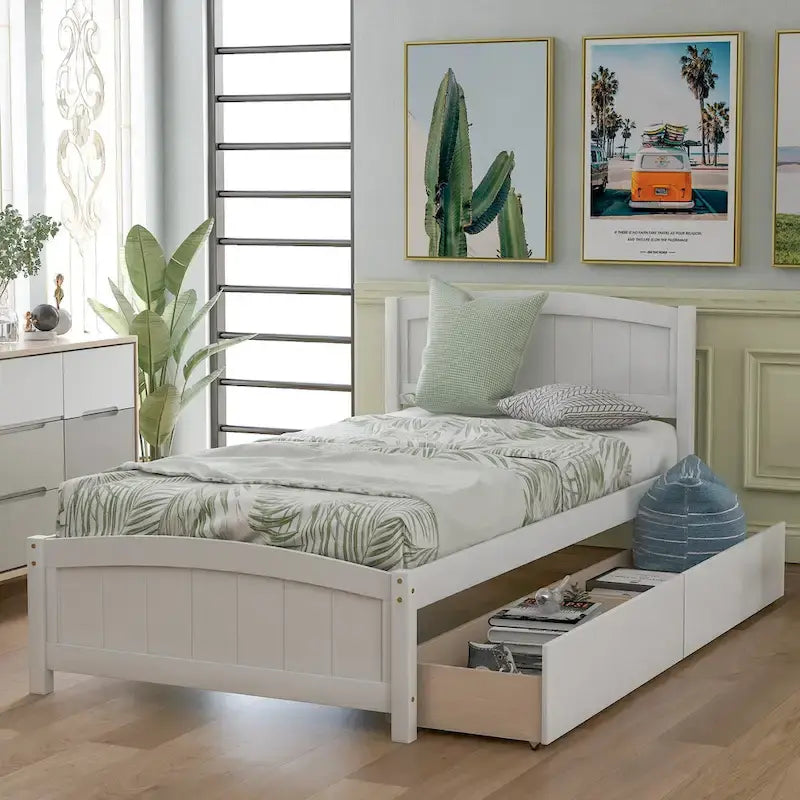 Twin Size Platform Bed with Two Drawers, White