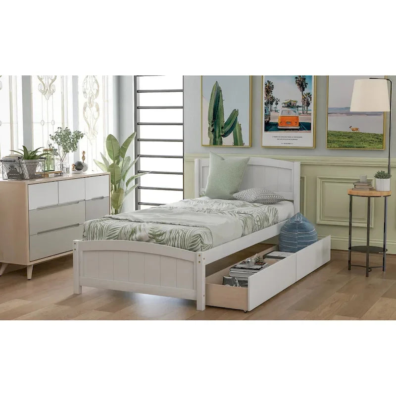 Twin Size Platform Bed with Two Drawers, White