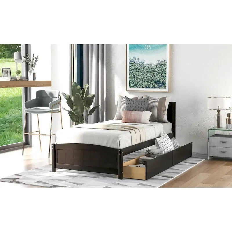 Twin Size Platform Bed with Two Drawers, White