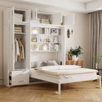 Queen Size Murphy Bed Wall Bed with Wardrobe, Top Cabinets and Storage Shelves, Foldable Murphy Cabinet Bed with 2 Drawers