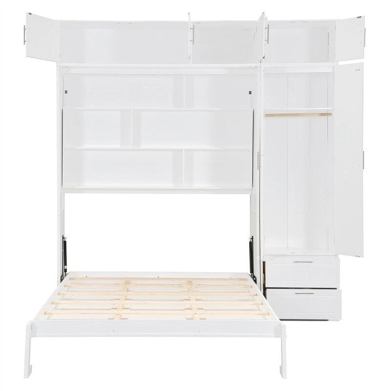Queen Size Murphy Bed Wall Bed with Wardrobe, Top Cabinets and Storage Shelves, Foldable Murphy Cabinet Bed with 2 Drawers