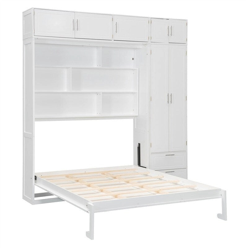 Queen Size Murphy Bed Wall Bed with Wardrobe, Top Cabinets and Storage Shelves, Foldable Murphy Cabinet Bed with 2 Drawers