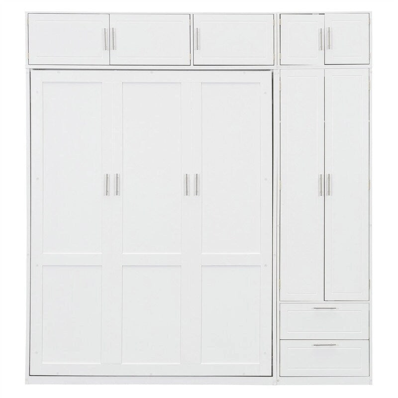 Queen Size Murphy Bed Wall Bed with Wardrobe, Top Cabinets and Storage Shelves, Foldable Murphy Cabinet Bed with 2 Drawers