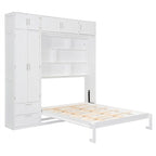 Queen Size Murphy Bed Wall Bed with Wardrobe, Top Cabinets and Storage Shelves, Foldable Murphy Cabinet Bed with 2 Drawers