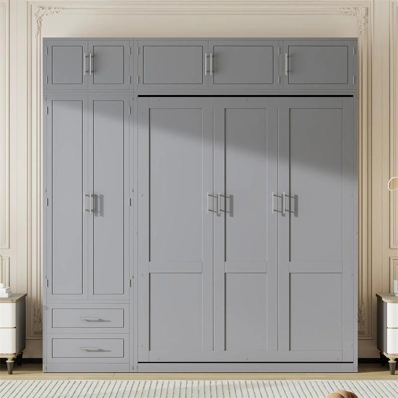 Queen Size Murphy Bed Wall Bed with Wardrobe, Top Cabinets and Storage Shelves, Foldable Murphy Cabinet Bed with 2 Drawers