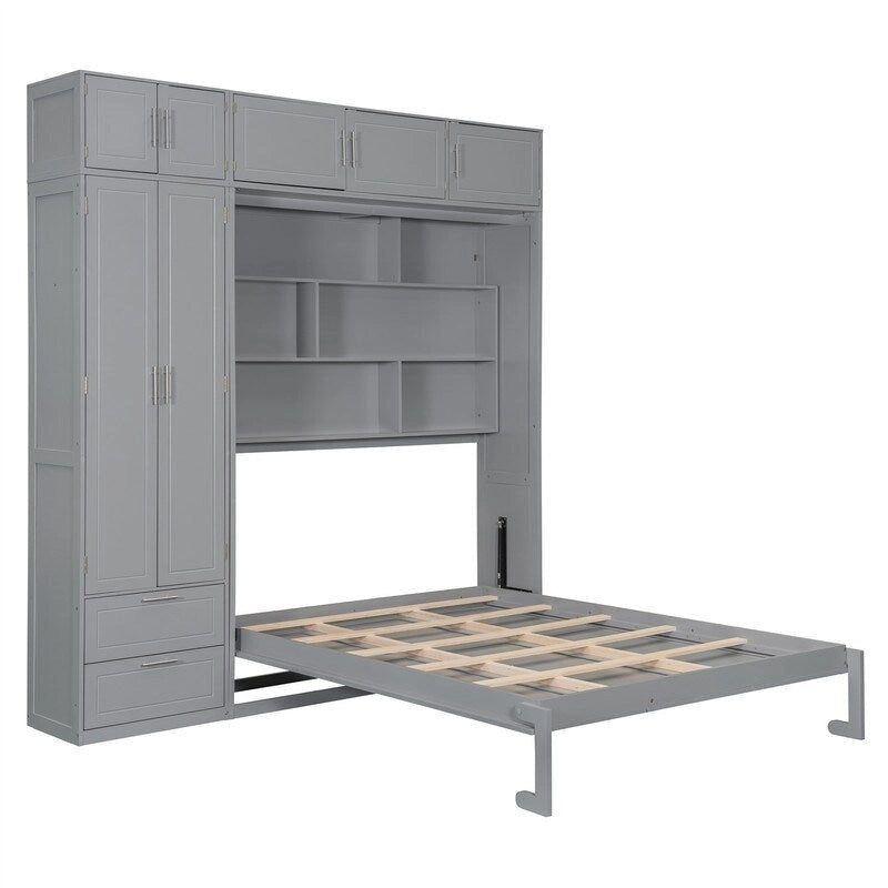 Queen Size Murphy Bed Wall Bed with Wardrobe, Top Cabinets and Storage Shelves, Foldable Murphy Cabinet Bed with 2 Drawers