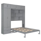 Queen Size Murphy Bed Wall Bed with Wardrobe, Top Cabinets and Storage Shelves, Foldable Murphy Cabinet Bed with 2 Drawers