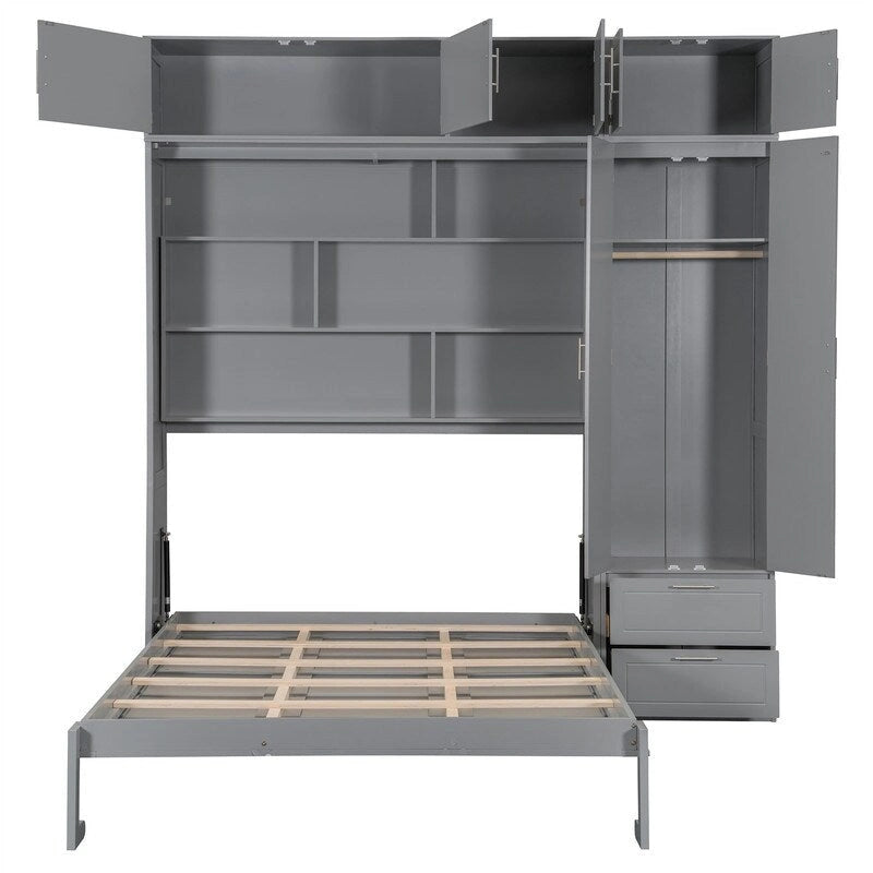 Queen Size Murphy Bed Wall Bed with Wardrobe, Top Cabinets and Storage Shelves, Foldable Murphy Cabinet Bed with 2 Drawers