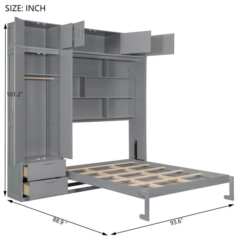 Queen Size Murphy Bed Wall Bed with Wardrobe, Top Cabinets and Storage Shelves, Foldable Murphy Cabinet Bed with 2 Drawers