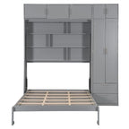 Queen Size Murphy Bed Wall Bed with Wardrobe, Top Cabinets and Storage Shelves, Foldable Murphy Cabinet Bed with 2 Drawers