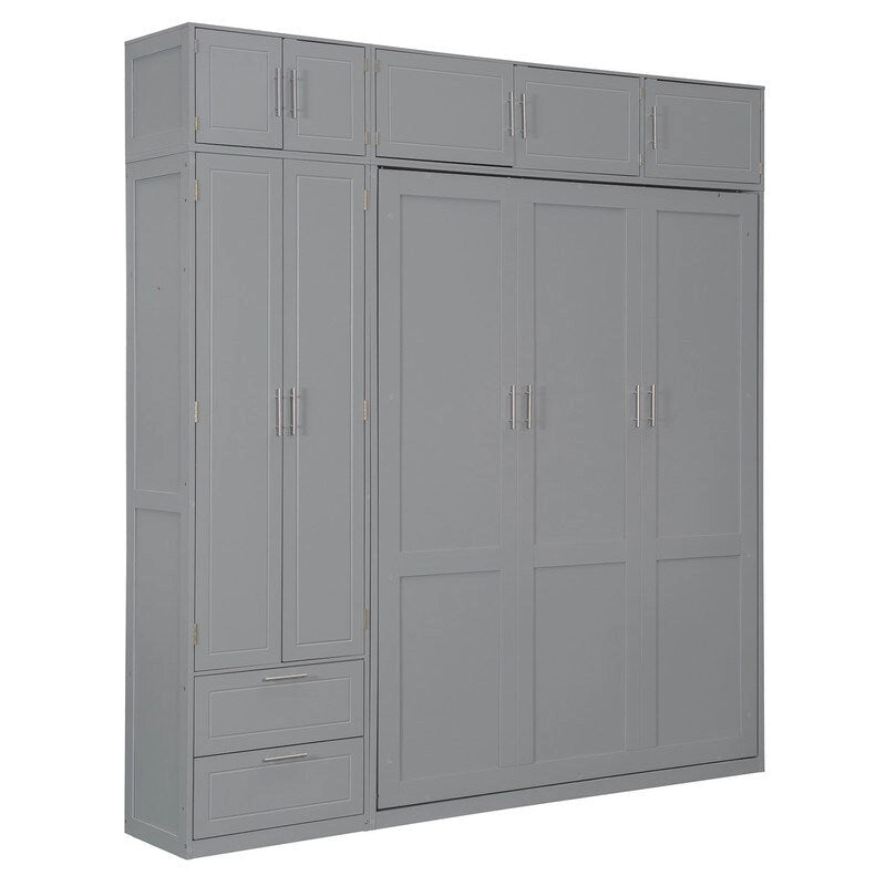 Queen Size Murphy Bed Wall Bed with Wardrobe, Top Cabinets and Storage Shelves, Foldable Murphy Cabinet Bed with 2 Drawers