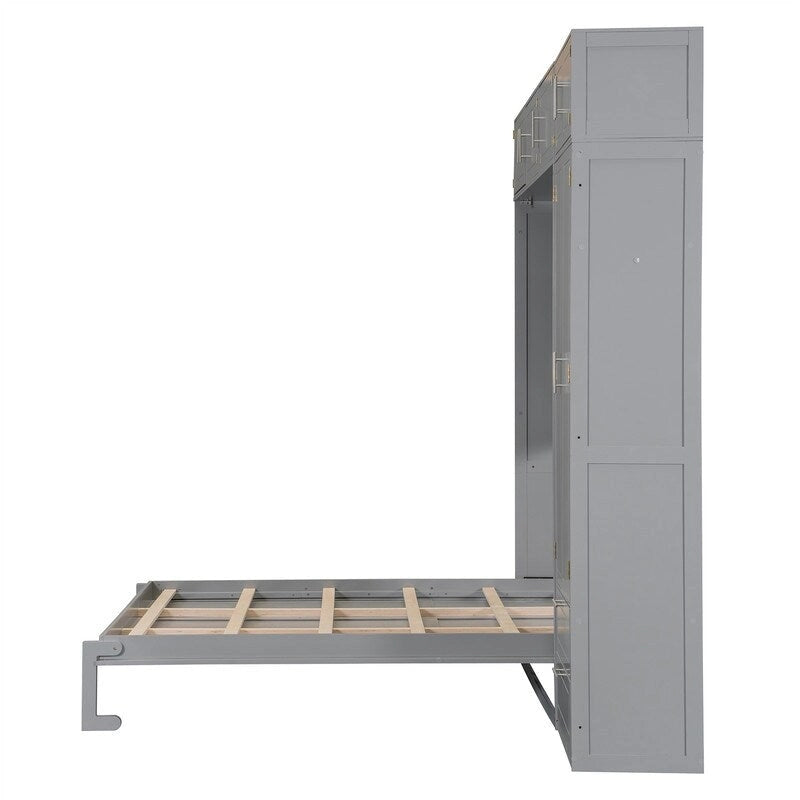 Queen Size Murphy Bed Wall Bed with Wardrobe, Top Cabinets and Storage Shelves, Foldable Murphy Cabinet Bed with 2 Drawers