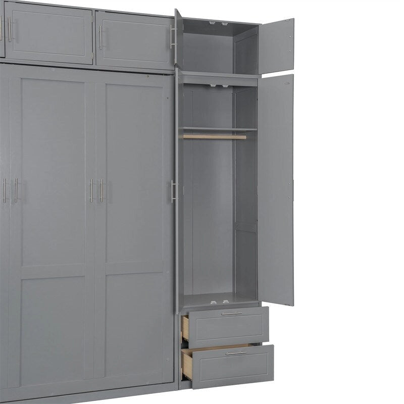 Queen Size Murphy Bed Wall Bed with Wardrobe, Top Cabinets and Storage Shelves, Foldable Murphy Cabinet Bed with 2 Drawers