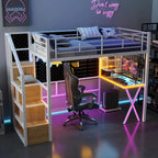 Gaming Metal Loft Bed with Built-in Work Station & Wardrobe, Heavy Duty Loft Bed Frame with Storage Staircase and LED Lights