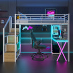 Gaming Metal Loft Bed with Built-in Work Station & Wardrobe, Heavy Duty Loft Bed Frame with Storage Staircase and LED Lights