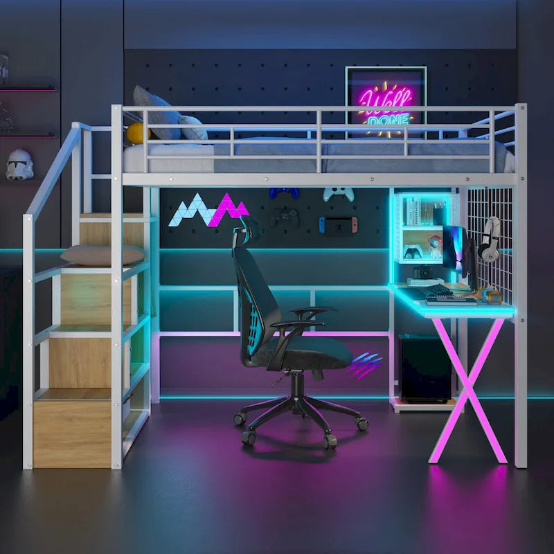 Gaming Metal Loft Bed with Built-in Work Station & Wardrobe, Heavy Duty Loft Bed Frame with Storage Staircase and LED Lights