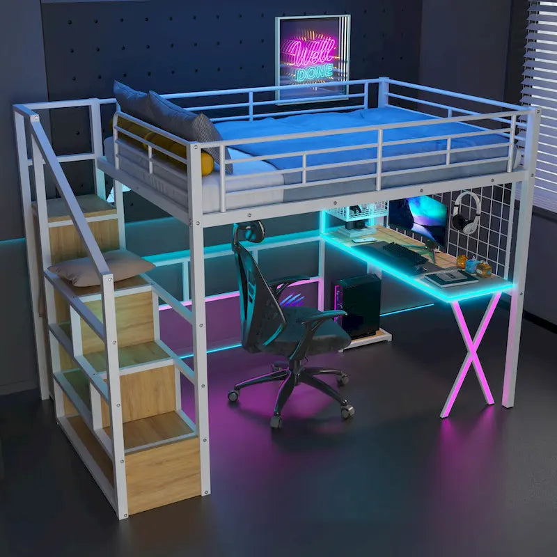 Gaming Metal Loft Bed with Built-in Work Station & Wardrobe, Heavy Duty Loft Bed Frame with Storage Staircase and LED Lights