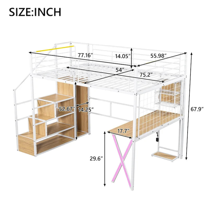 Gaming Metal Loft Bed with Built-in Work Station & Wardrobe, Heavy Duty Loft Bed Frame with Storage Staircase and LED Lights