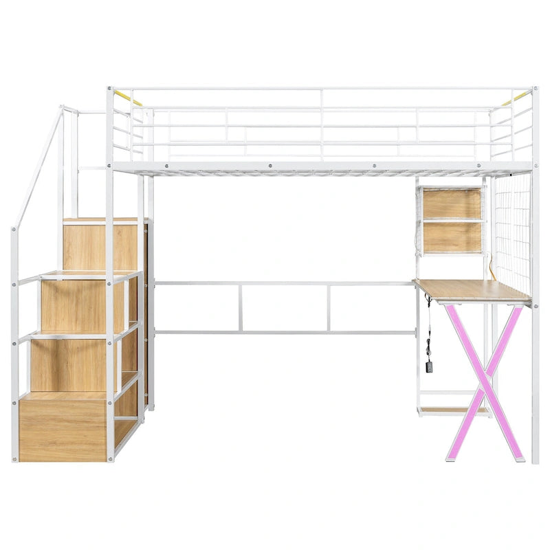Gaming Metal Loft Bed with Built-in Work Station & Wardrobe, Heavy Duty Loft Bed Frame with Storage Staircase and LED Lights