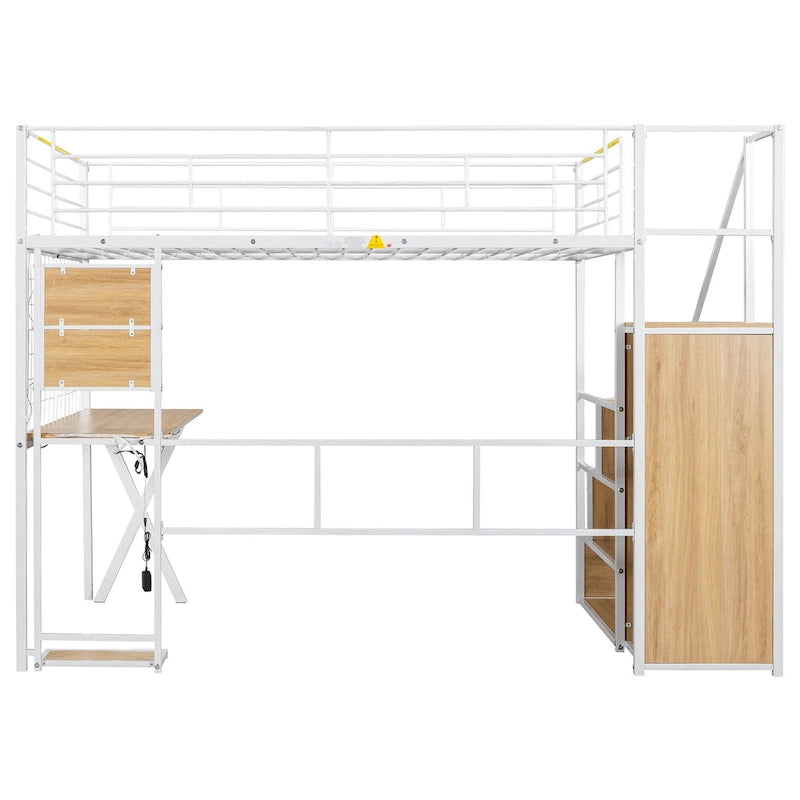Gaming Metal Loft Bed with Built-in Work Station & Wardrobe, Heavy Duty Loft Bed Frame with Storage Staircase and LED Lights