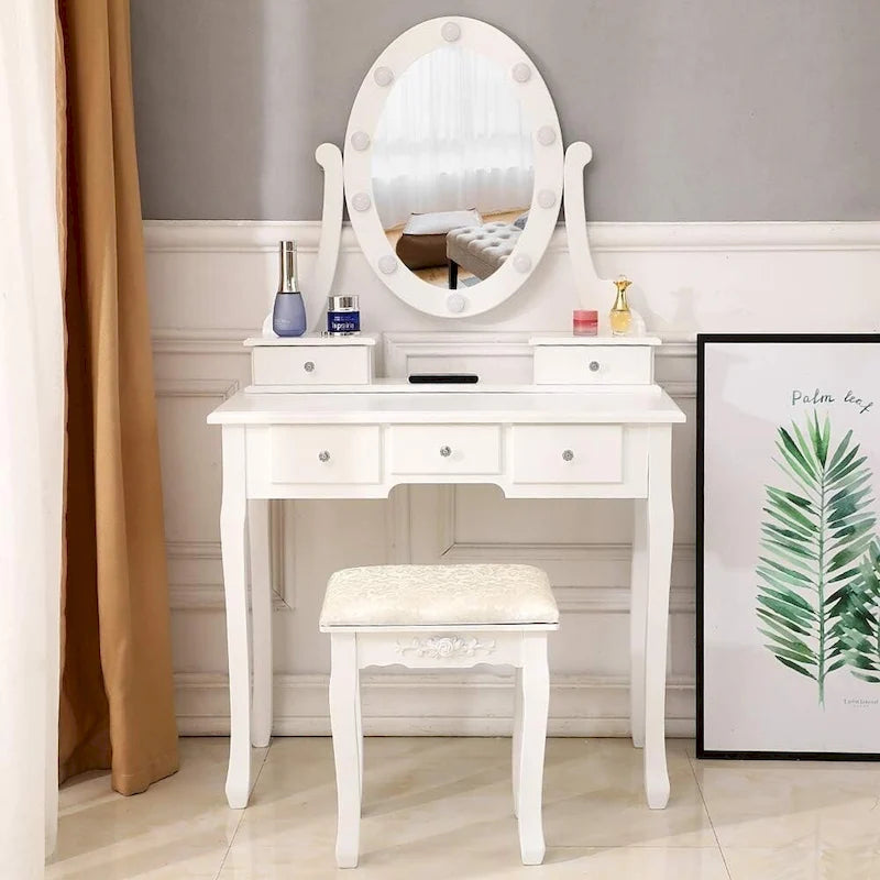 Makeup Vanity Desk Stool Set, Vanity Mirror with Lights Table Set