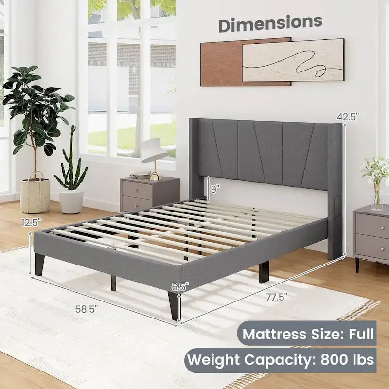 Full Size Upholstered Bed Frame w/ Elastic Pockets Mattress