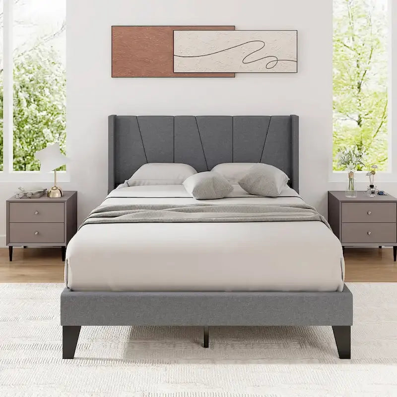 Full Size Upholstered Bed Frame w/ Elastic Pockets Mattress