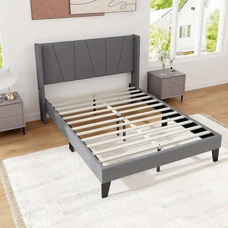 Full Size Upholstered Bed Frame w/ Elastic Pockets Mattress
