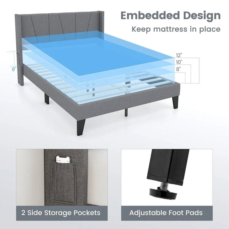Full Size Upholstered Bed Frame w/ Elastic Pockets Mattress