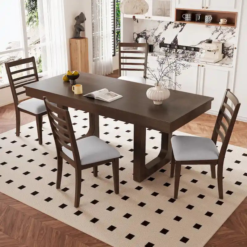5 Piece Extendable Dining Table Set, Farmhouse Extendable Table with 18 Move Leaf
