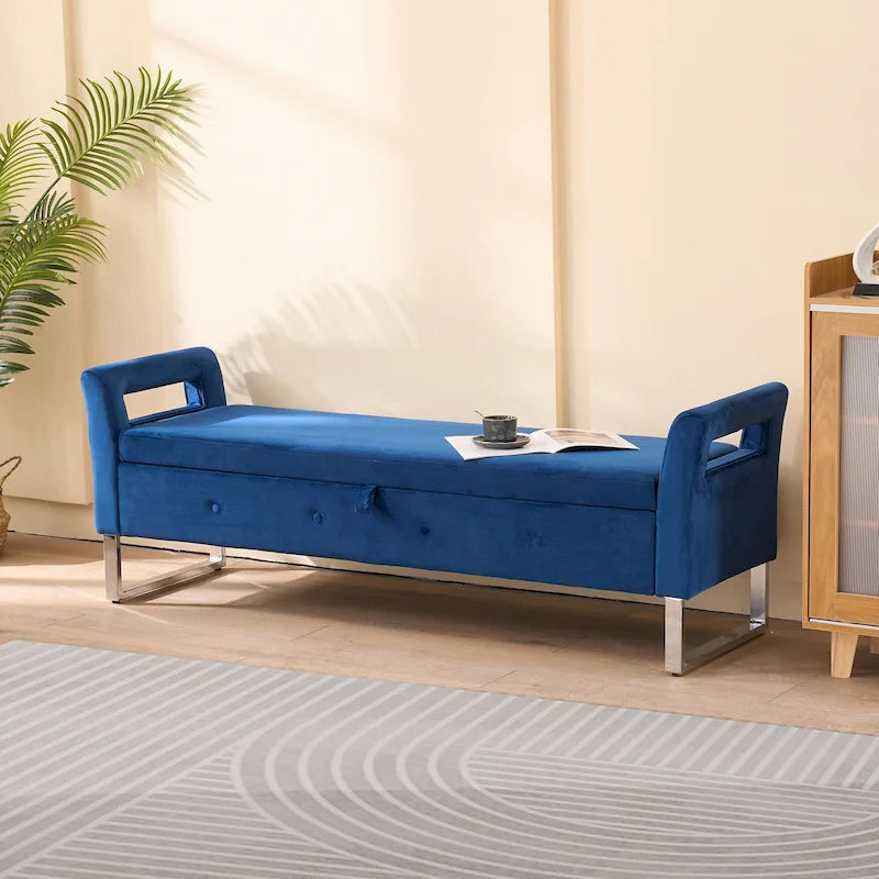 Velvet Storage Bench for Bedroom (with Armrests and Wooden Frame)