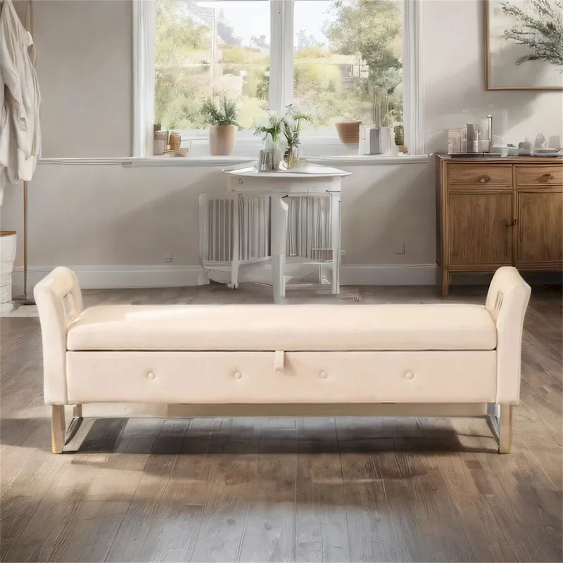 Velvet Storage Bench for Bedroom (with Armrests and Wooden Frame)