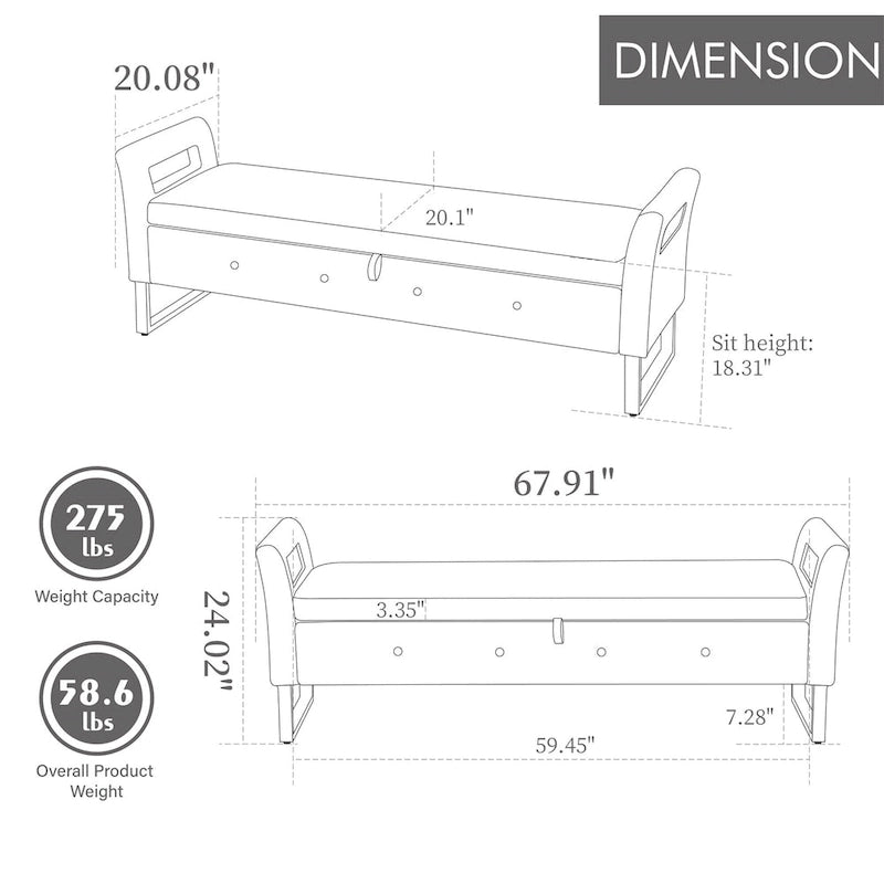 Velvet Storage Bench for Bedroom (with Armrests and Wooden Frame)