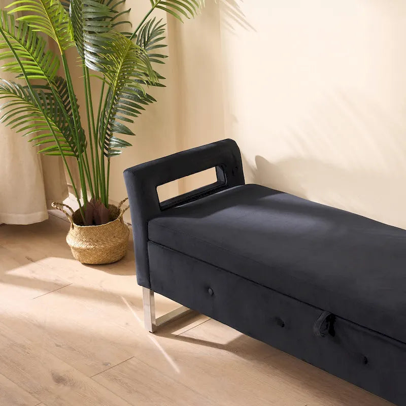 Velvet Storage Bench for Bedroom (with Armrests and Wooden Frame)