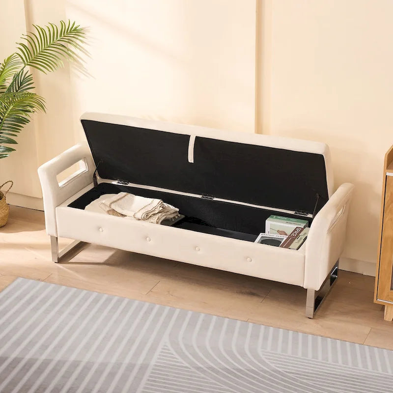 Velvet Storage Bench for Bedroom (with Armrests and Wooden Frame)