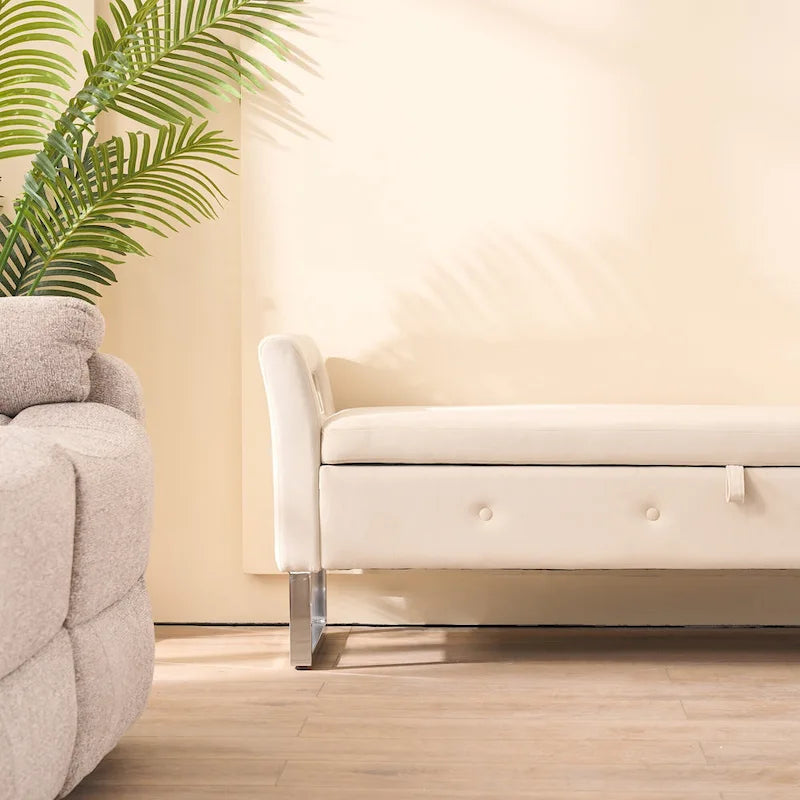 Velvet Storage Bench for Bedroom (with Armrests and Wooden Frame)