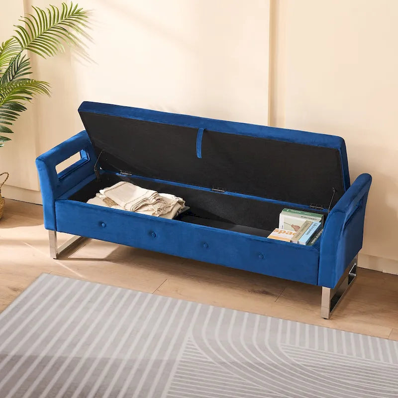 Velvet Storage Bench for Bedroom (with Armrests and Wooden Frame)