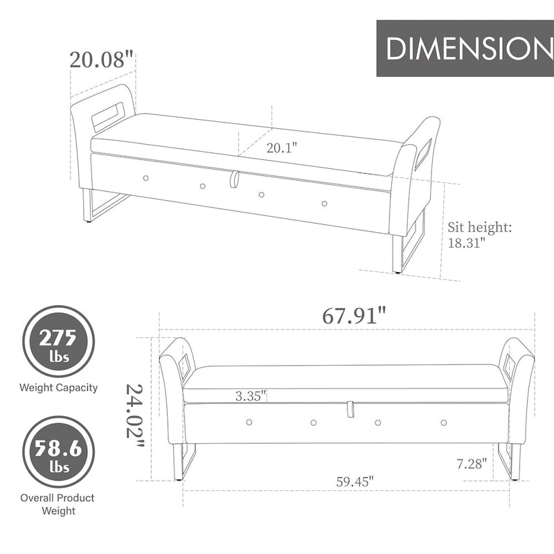 Velvet Storage Bench for Bedroom (with Armrests and Wooden Frame)