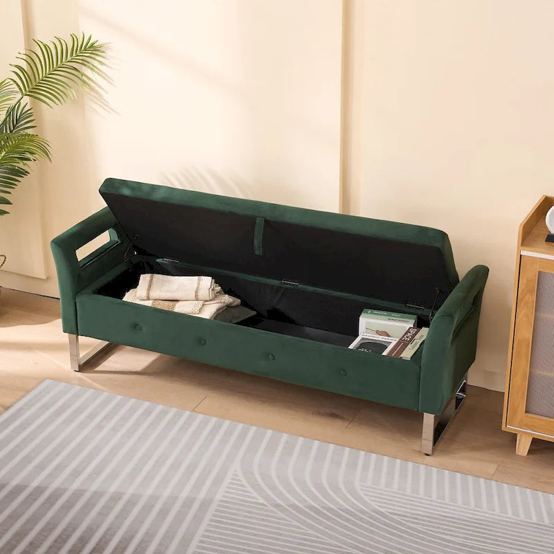 Velvet Storage Bench for Bedroom (with Armrests and Wooden Frame)