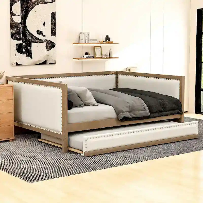 Wood Full Size Upholstered Daybed with Trundle and Nailhead Decor